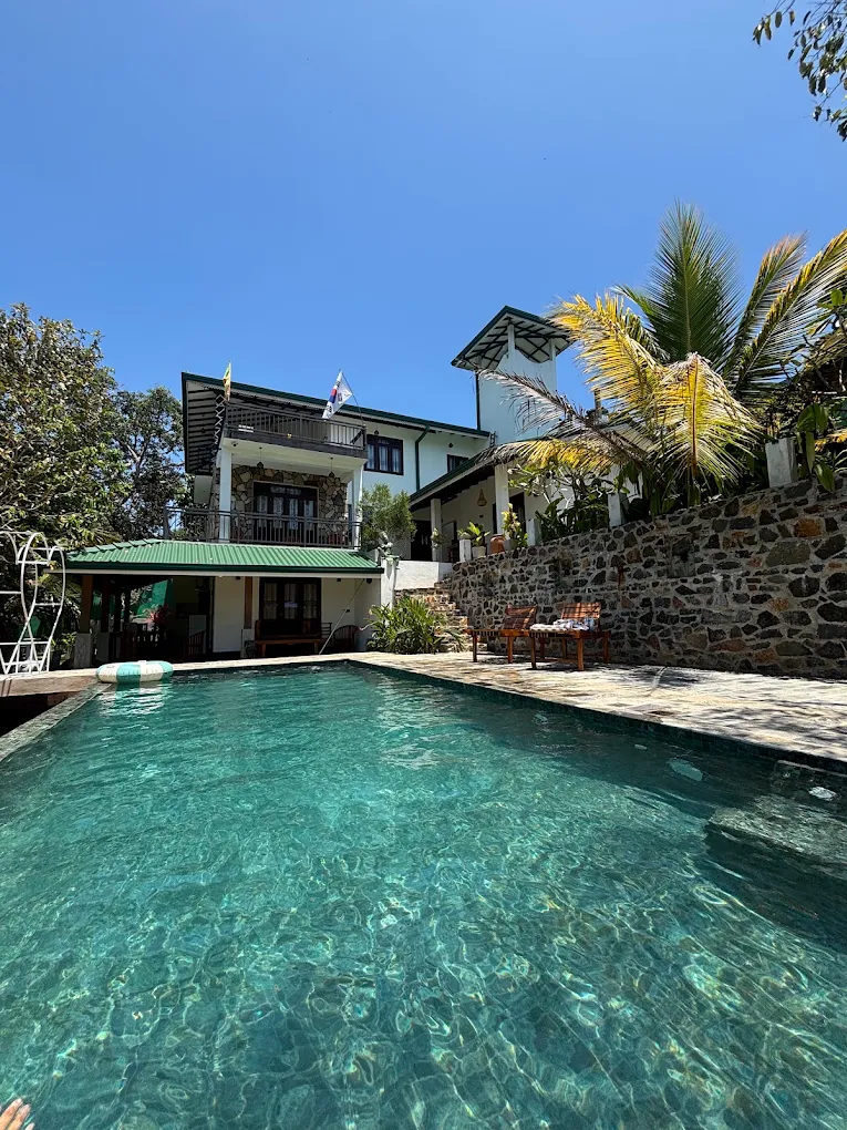Swimming pool with a view of Monkey Island Villa and palm trees