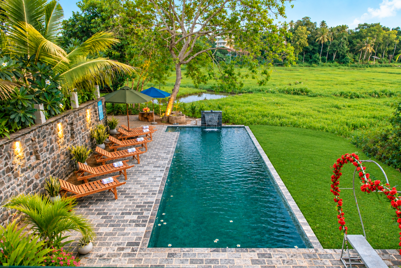 Swimming pool, sun loungers and green surroundings at Monkey Island Villa