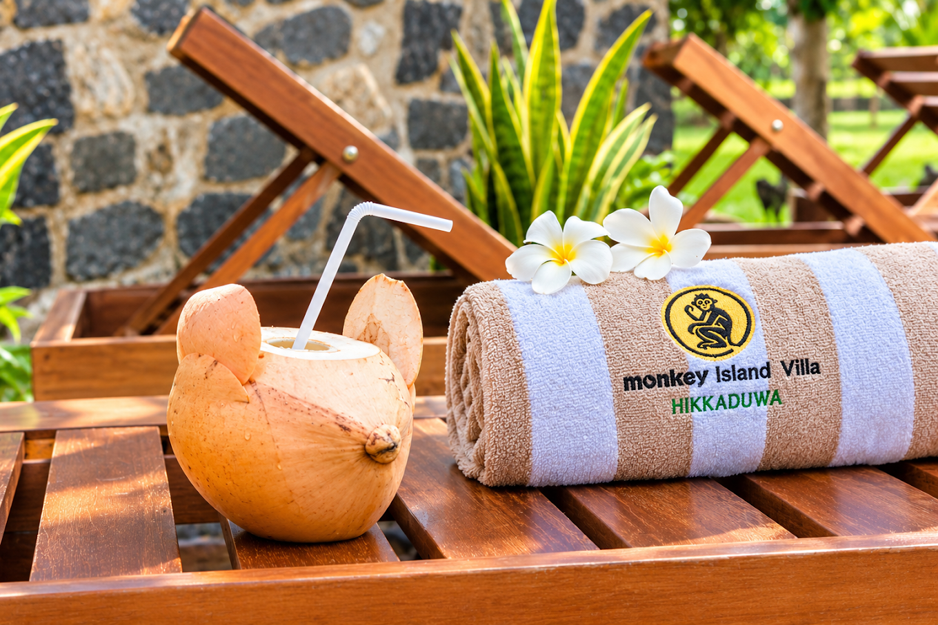 Fresh coconut and villa towel on a poolside sun lounger at Monkey Island Villa
